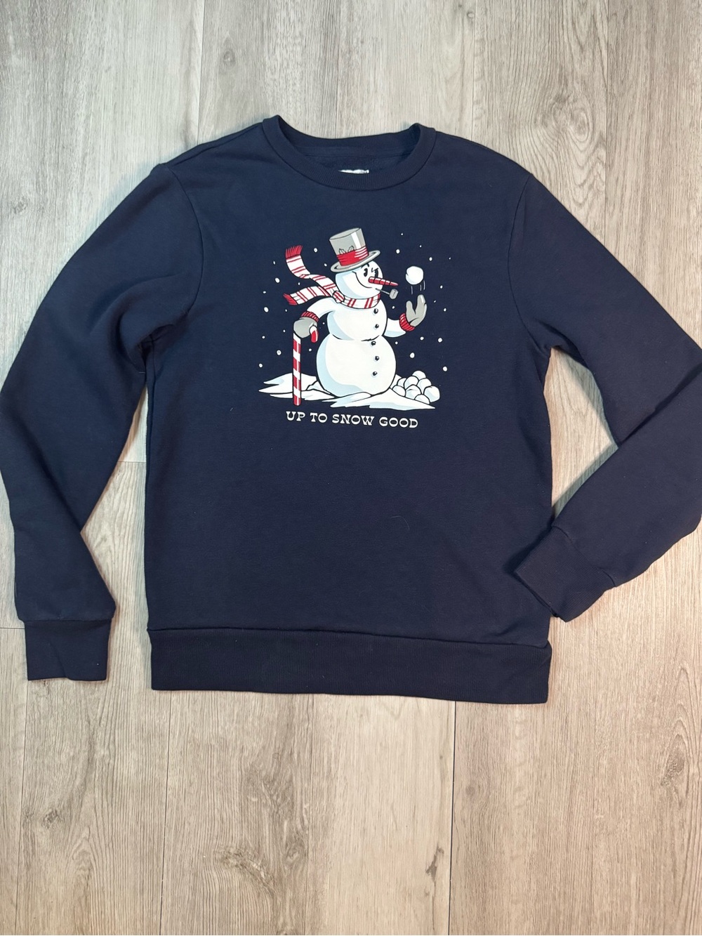 Old Navy Women’s Crewneck Sweatshirt Snowman Up to Snow Good XS Navy Blue.
